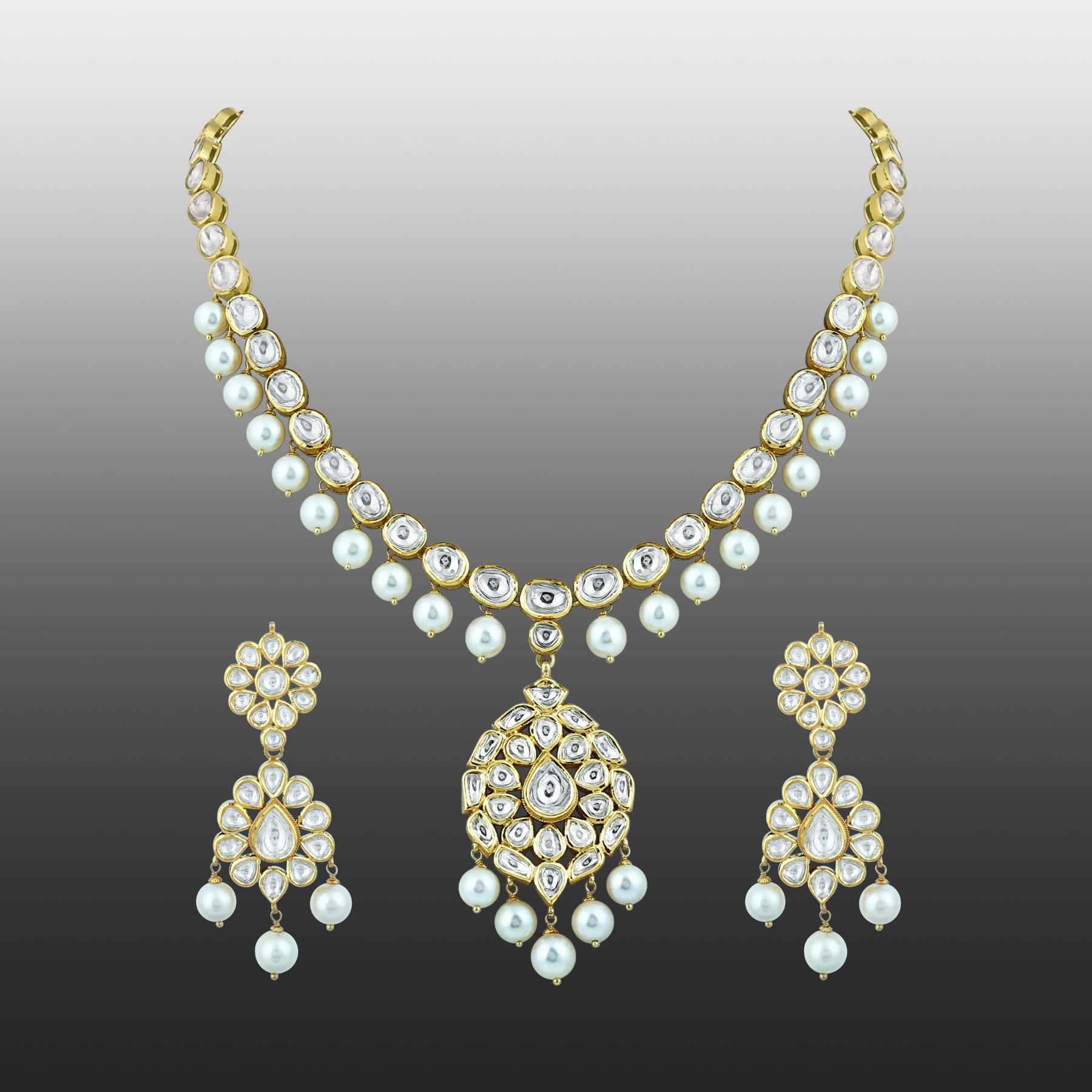 Linear Polki Necklace with Pendant and Pearl Drop
